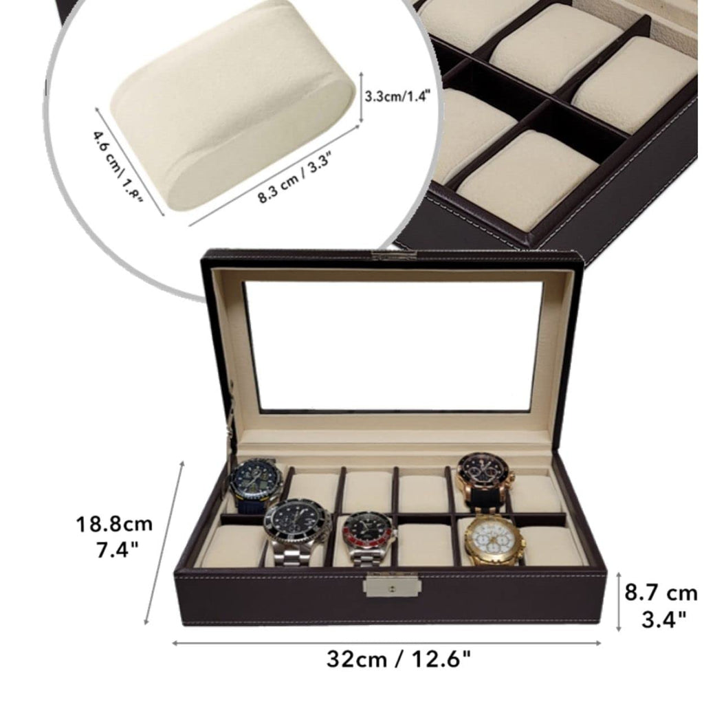 TIMELYBUYS 12 Piece Chocolate Brown Leatherette Men's Watch Box Display Case Collection Jewelry Box Storage Glass Top Father's D