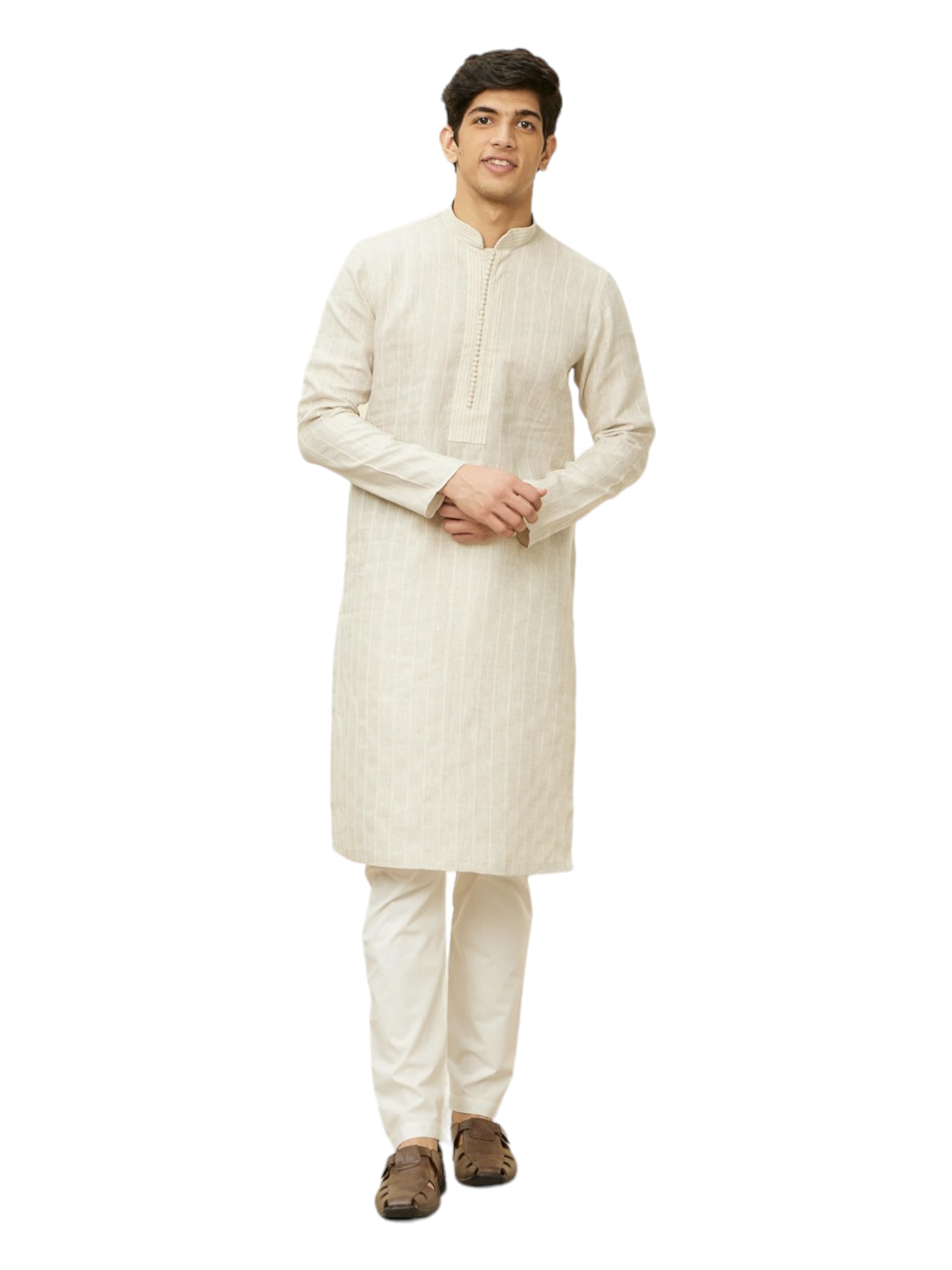 Manyavar Mens Natural Linen Solid Kurta Pyjama Set (Xxl)