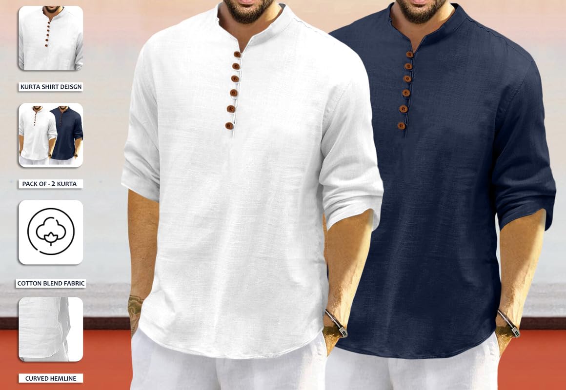 Macsivo MenS Cotton Blend Kurta | Band Collar | Casual | Plain | Formal | Full Sleeve | Summer | Regular Fit - (Combo Pack Of 2