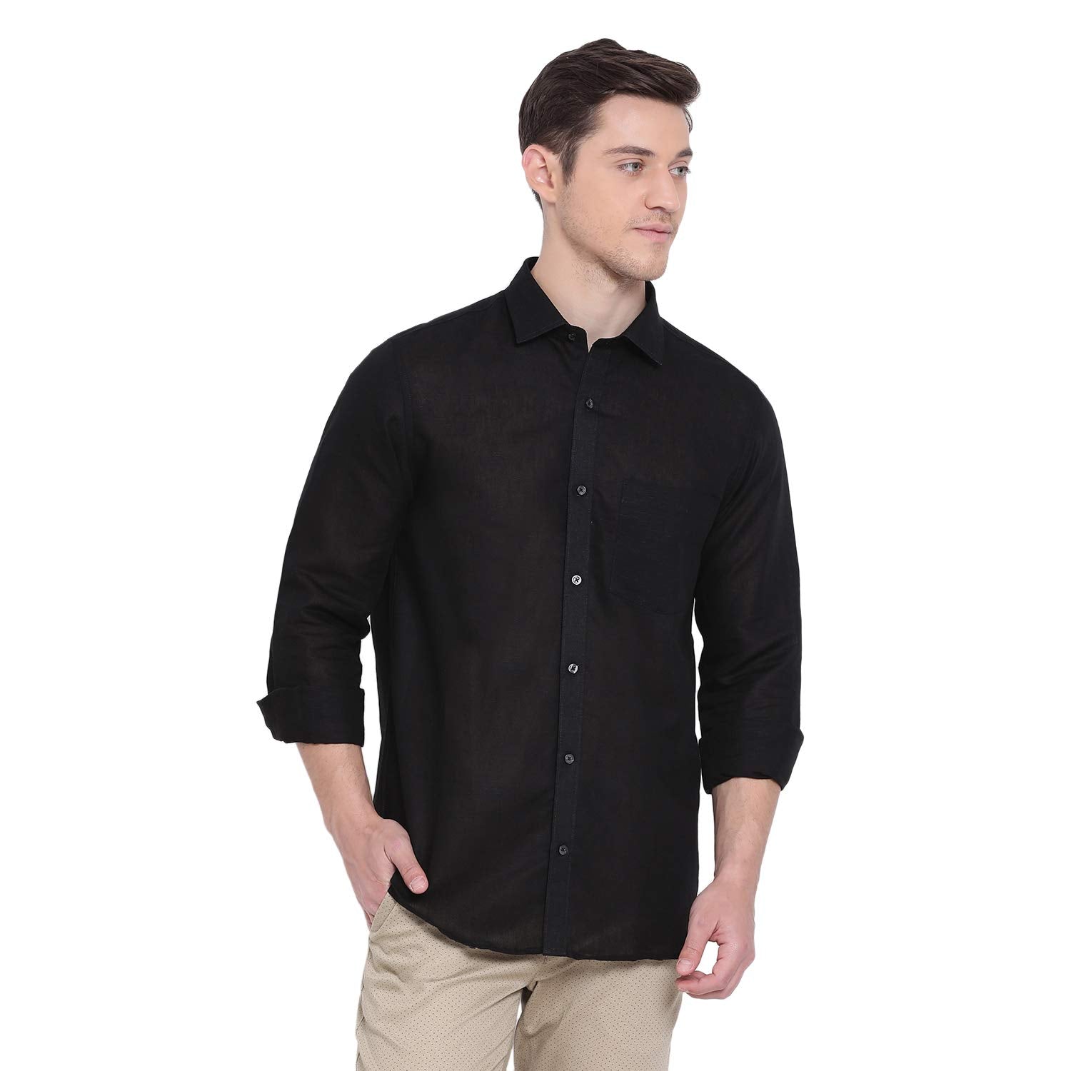 Turtle Men Cotton Linen Black Solid Regular Fit Formal Shirt