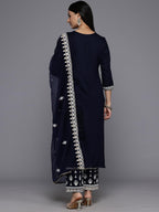 Varanga WomenS Navy Blue Round Neck Thread Embroidered Kurta Paired With Bottom And Dupatta