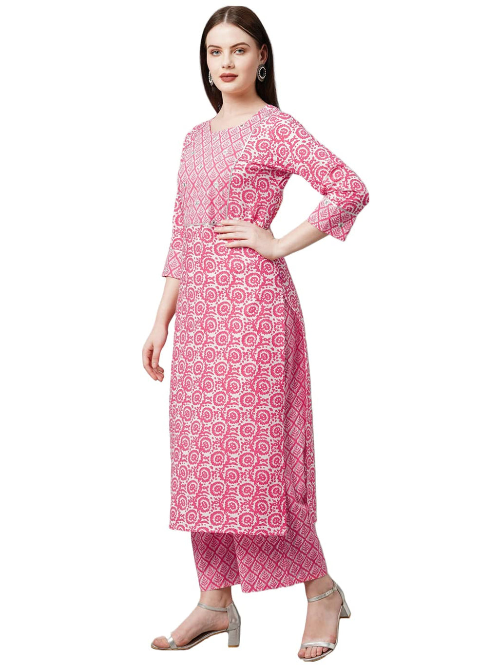 Gosriki Women'S Cotton Blend Traditional Straight Printed Kurta And Palazzo Set (Valab Pink_M-Gs_Pink_Medium)