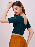 Pujia Mills WomenS Readymade Hosiery Lycra Stretchable Round Neck Half Sleeve Blouse With Swaroski Work Fancy Lycra Stretchable