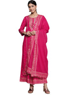 ishin Womens Cotton Embroidered A-Line Kurta suit set With Dupatta & Sharara INWKTS20087_PN_M_Pink