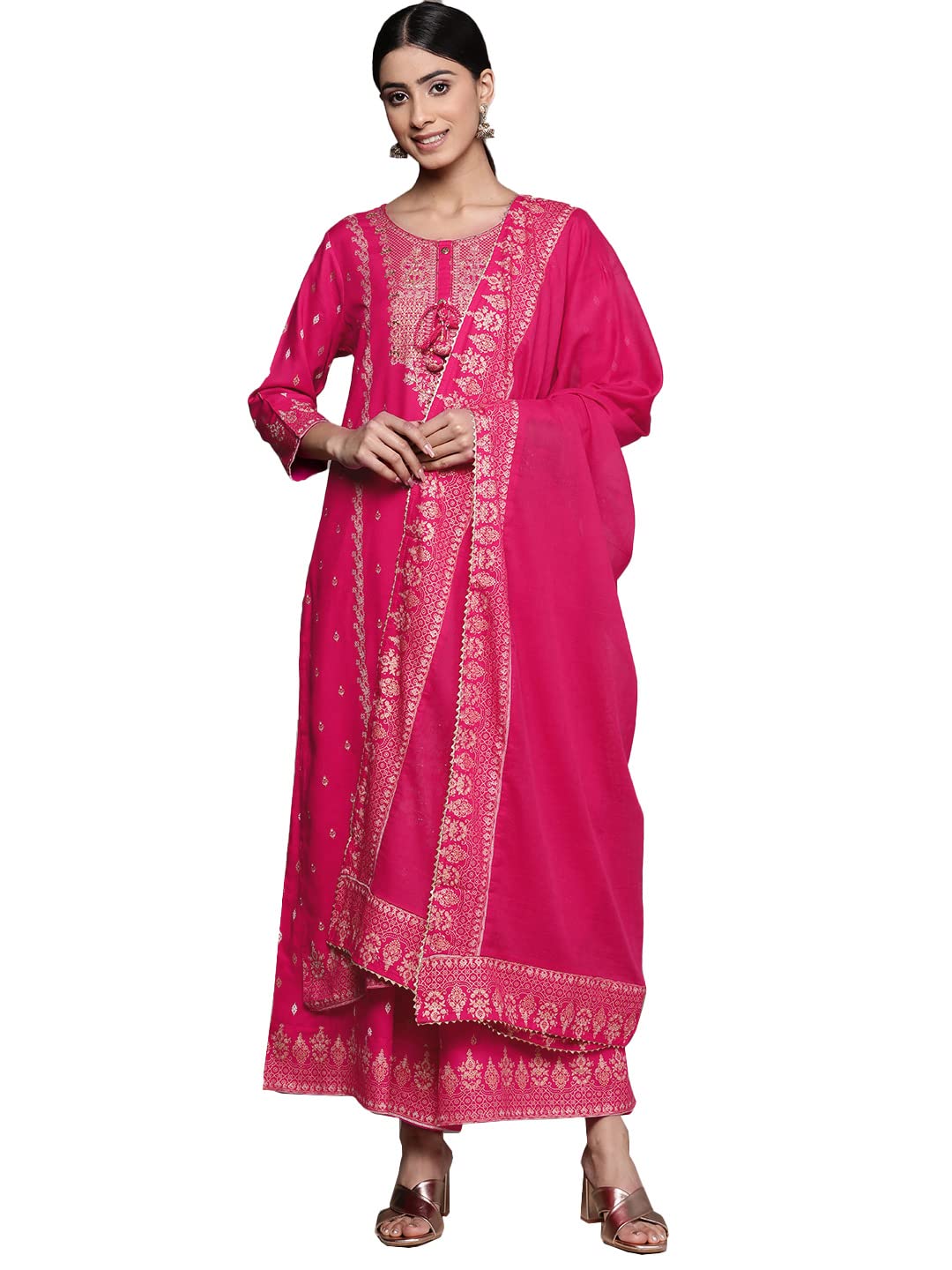 ishin Womens Cotton Embroidered A-Line Kurta suit set With Dupatta & Sharara INWKTS20087_PN_M_Pink