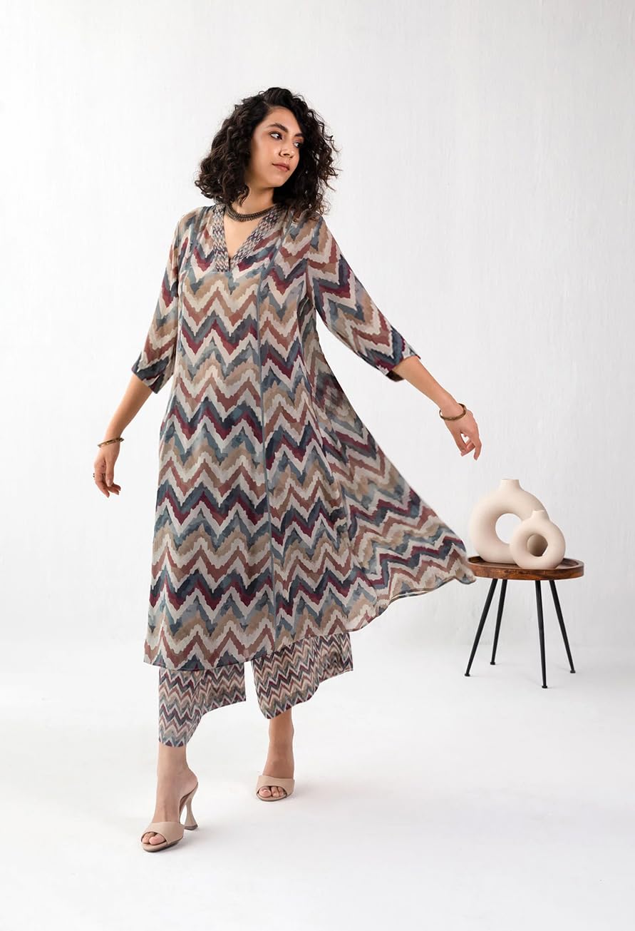 Toochki Womens Multi Color Zig zag Printed Rayon Stitched co-ord Set Dress with Relaxed fit for Women in Two Piece Set top & Pl