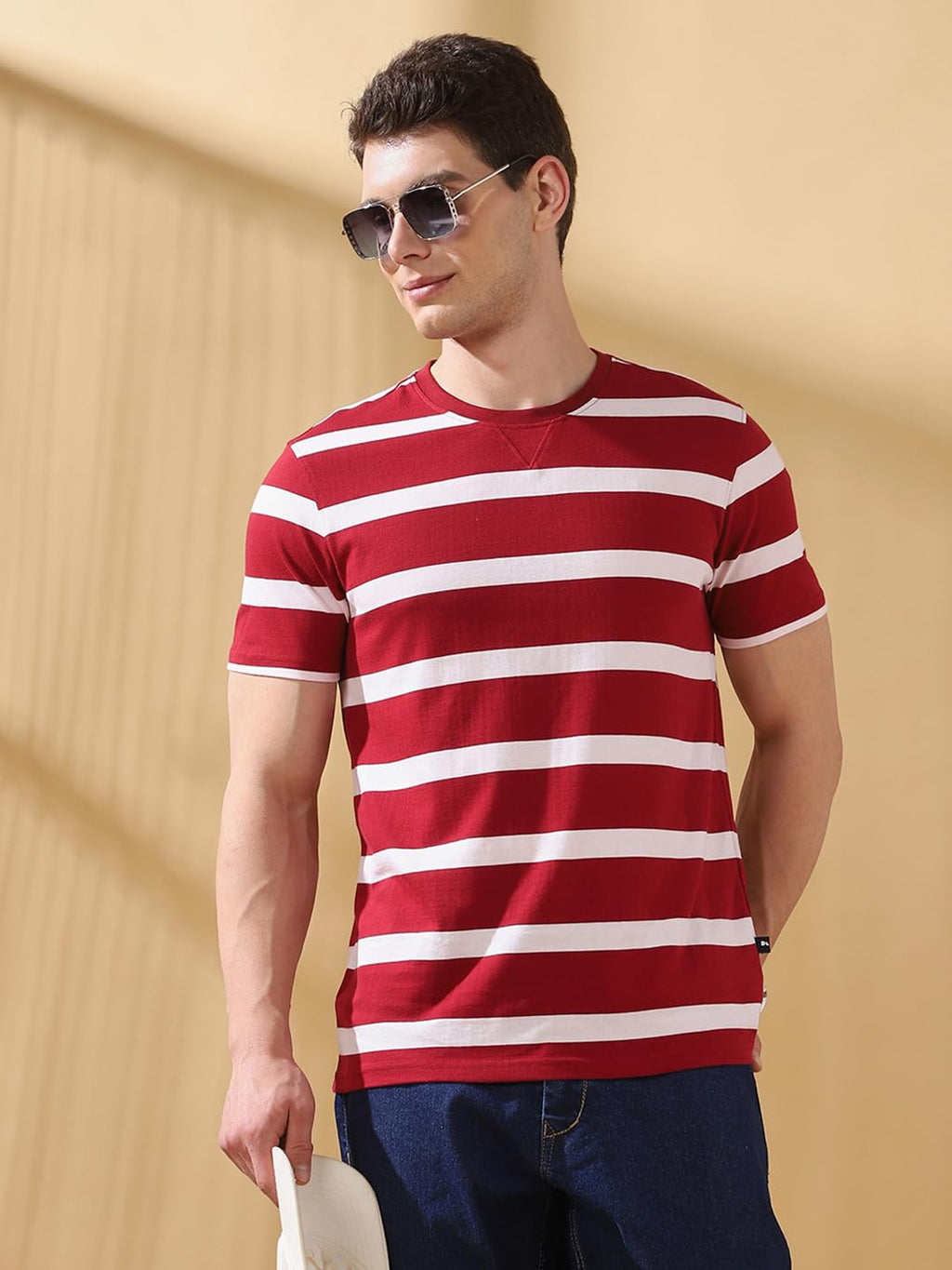 Dennis Lingo Cabernet Stripes Round Neck Half Sleeves Regular Fit T-Shirts For Men