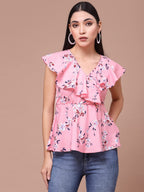 OOMPH! Womens Crepe Printed top with V-Neck and Ruffle Sleeve