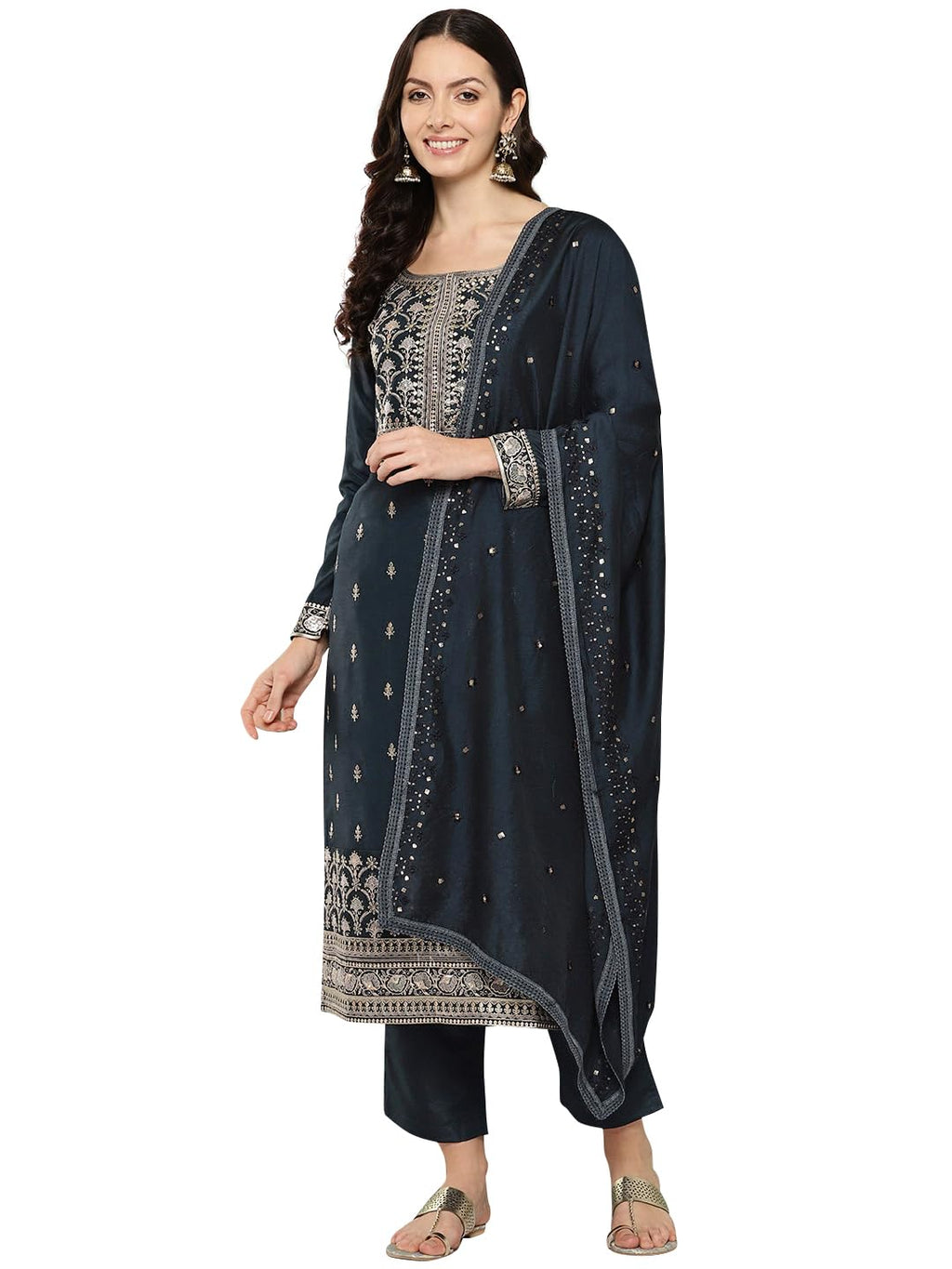 Libas Womens Printed Silk Straight Kurta With Trousers And Dupatta