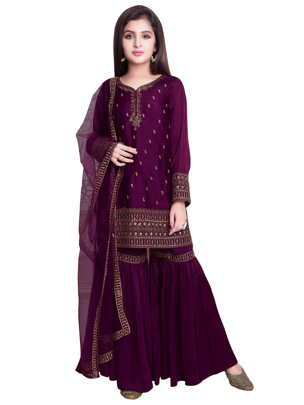 White Button New GirlS Sharara Style Georgette Salwar Suit For Kids