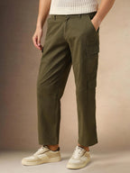 Dennis Lingo Mens Olive Solid Cotton Loose Fit Cargo Trouser