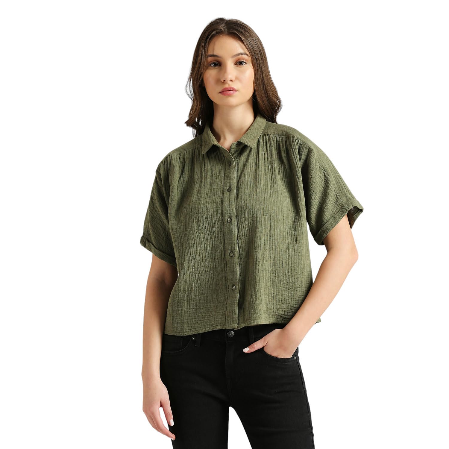 Pepe Jeans WomenS Solid Relaxed Fit Shirt (Pl304907_Olive Green