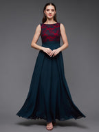 Miss Chase WomenS Round Neck Sleeveless Georgette Floral Lace Fit & Flare Maxi Dress Teal