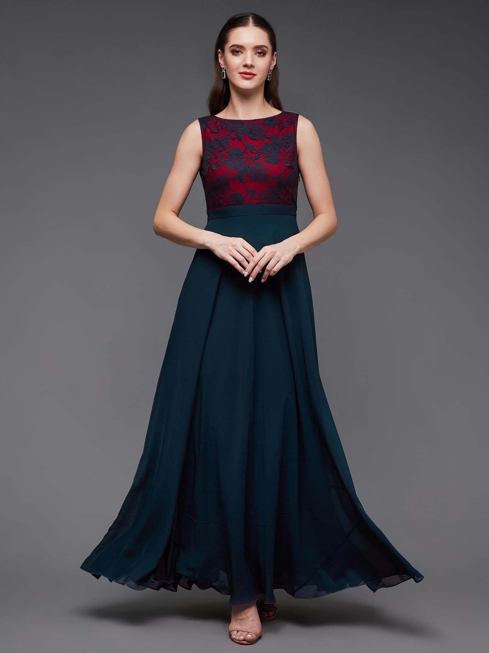 Miss Chase WomenS Round Neck Sleeveless Georgette Floral Lace Fit & Flare Maxi Dress Teal