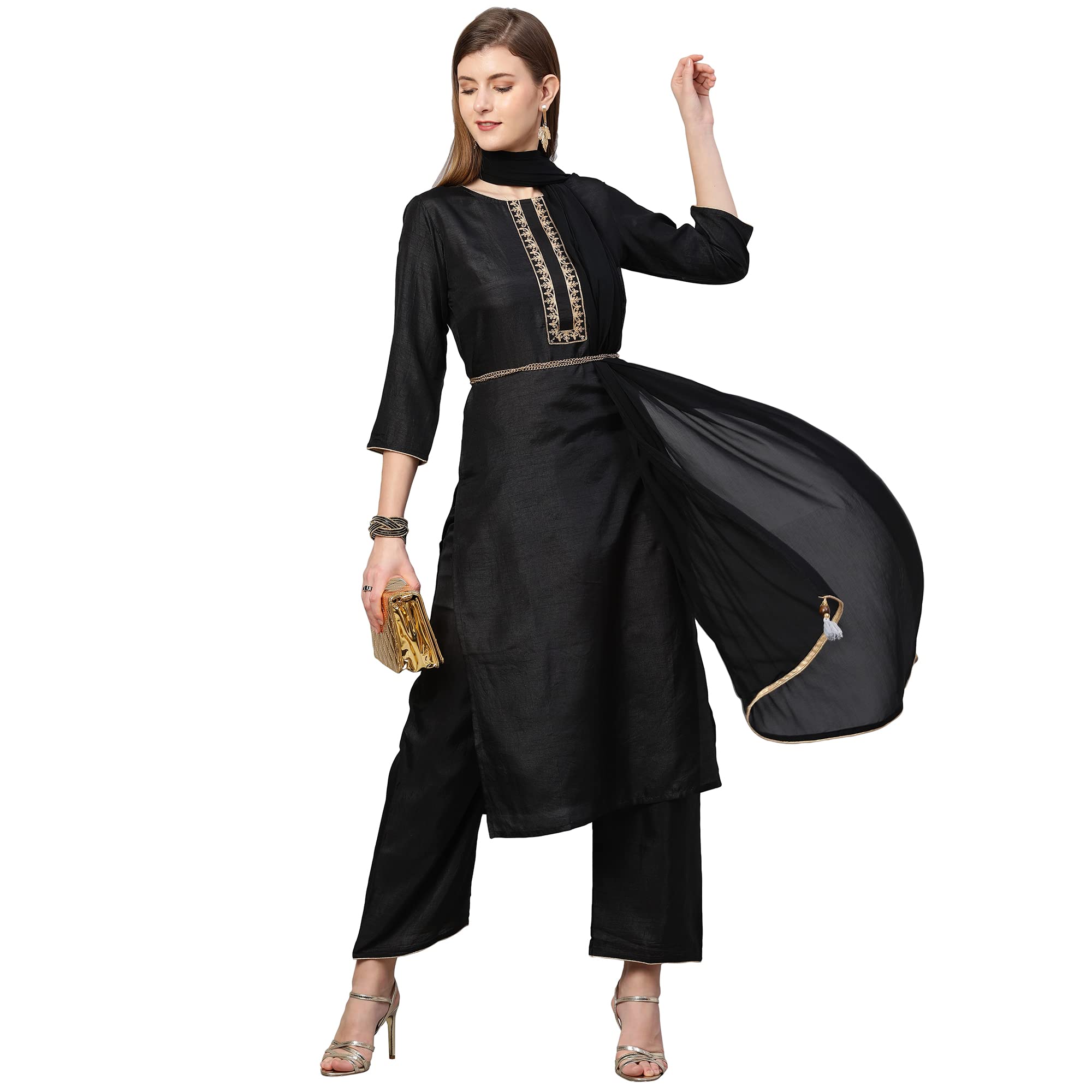ANNI DESIGNER Women's Cotton Blend Straight Kurta with Palazzo & Dupatta (Dola Black_M_Black_Medium)