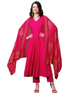 ANNI DESIGNER Womens Rayon Blend Solid Anarkali Kurta with Pant & Dupatta (Magic-Pink-NB_L_Pink_Large)