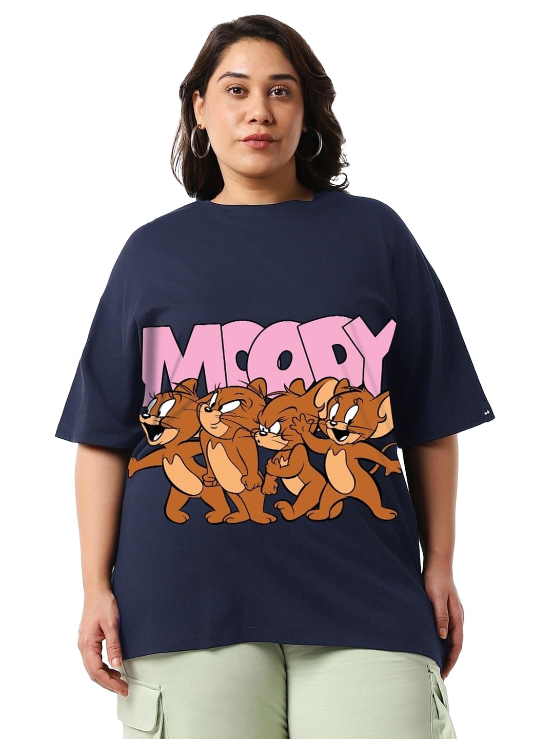 Bewakoof Women Cotton Official Tom & Jerry Merchandise Graphic Printed Oversized Plus Size T-Shirt_625728_Blue_4XL