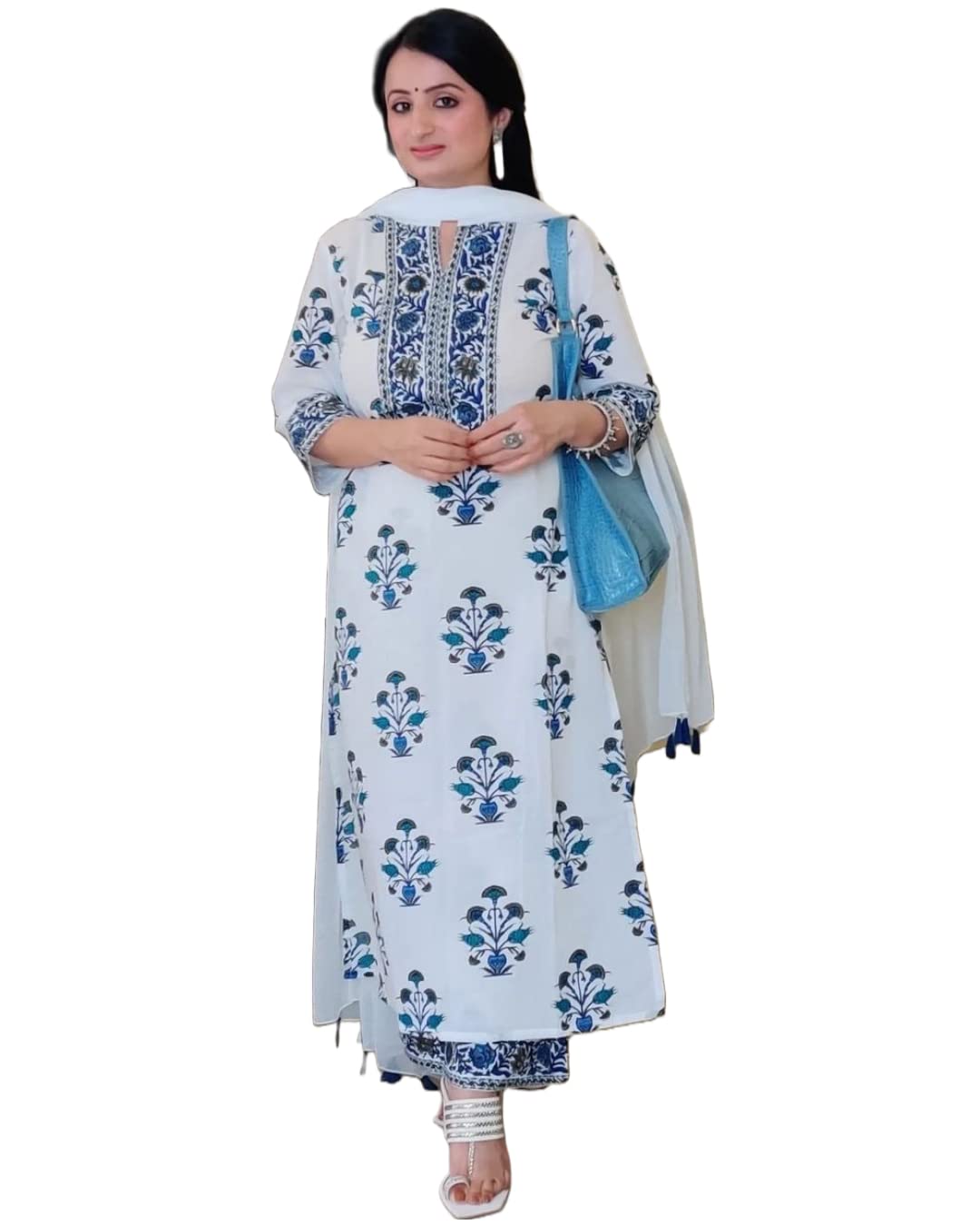 Gosriki Women'S Cotton Straight Kurta With Palazzo & Dupatta (Liba-Guldasta_Blue_M-Go1_Blue_Medium)