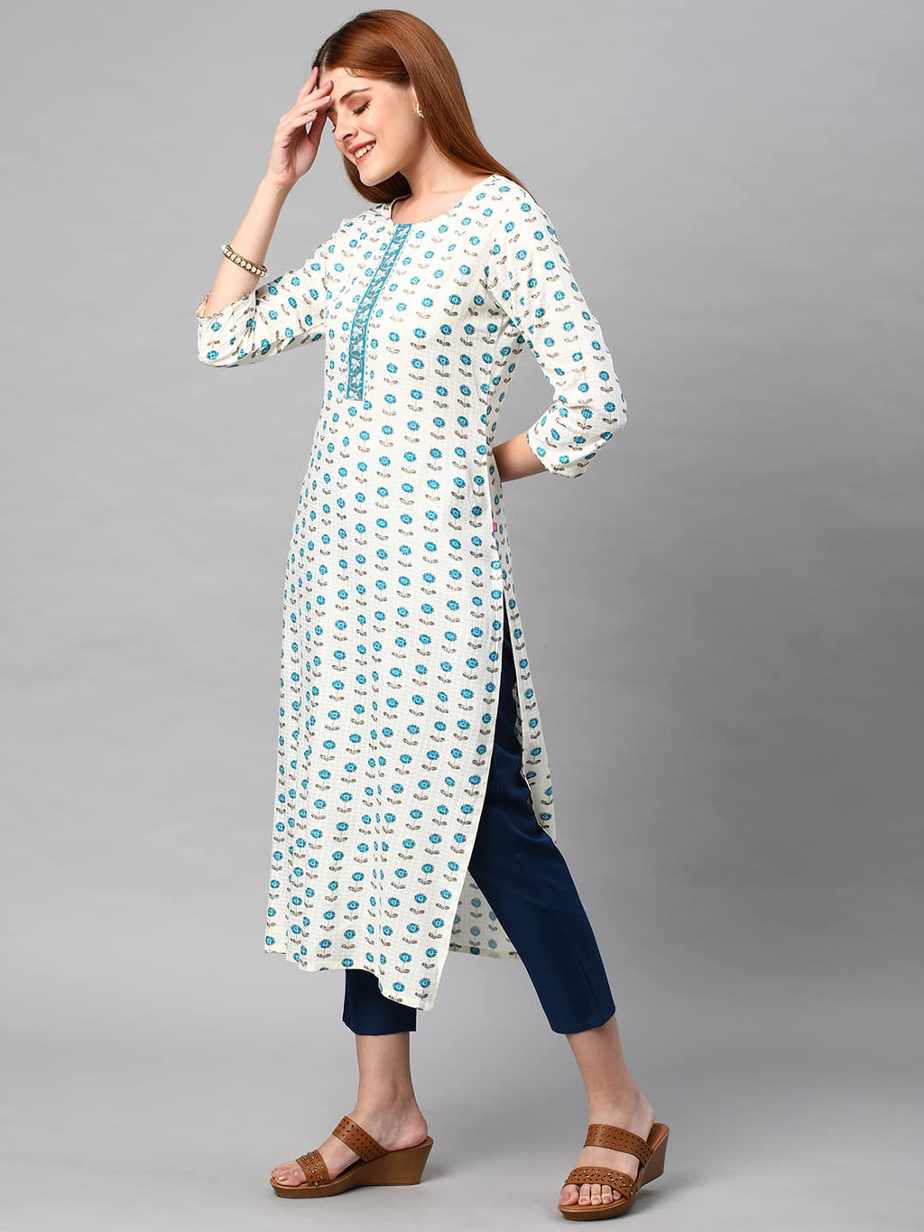 ANNI DESIGNER Womens Cotton Blend Traditional Straight Printed Kurta and Pant Set (AMD 32-White_L_White_Large)