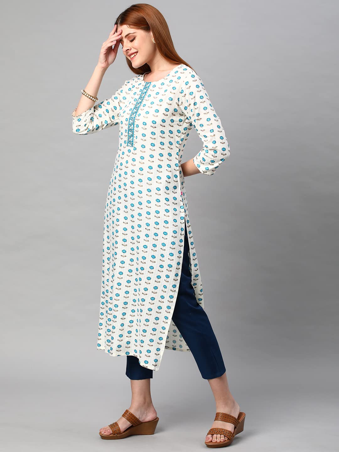 ANNI DESIGNER Womens Cotton Blend Traditional Straight Printed Kurta and Pant Set (AMD 32-White_L_White_Large)