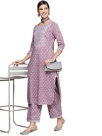 Ishin Women'S Pure Cotton Embroidered A-Line Kurta Suit Set With Palazzo Inwkt031_Pl_S_Purple