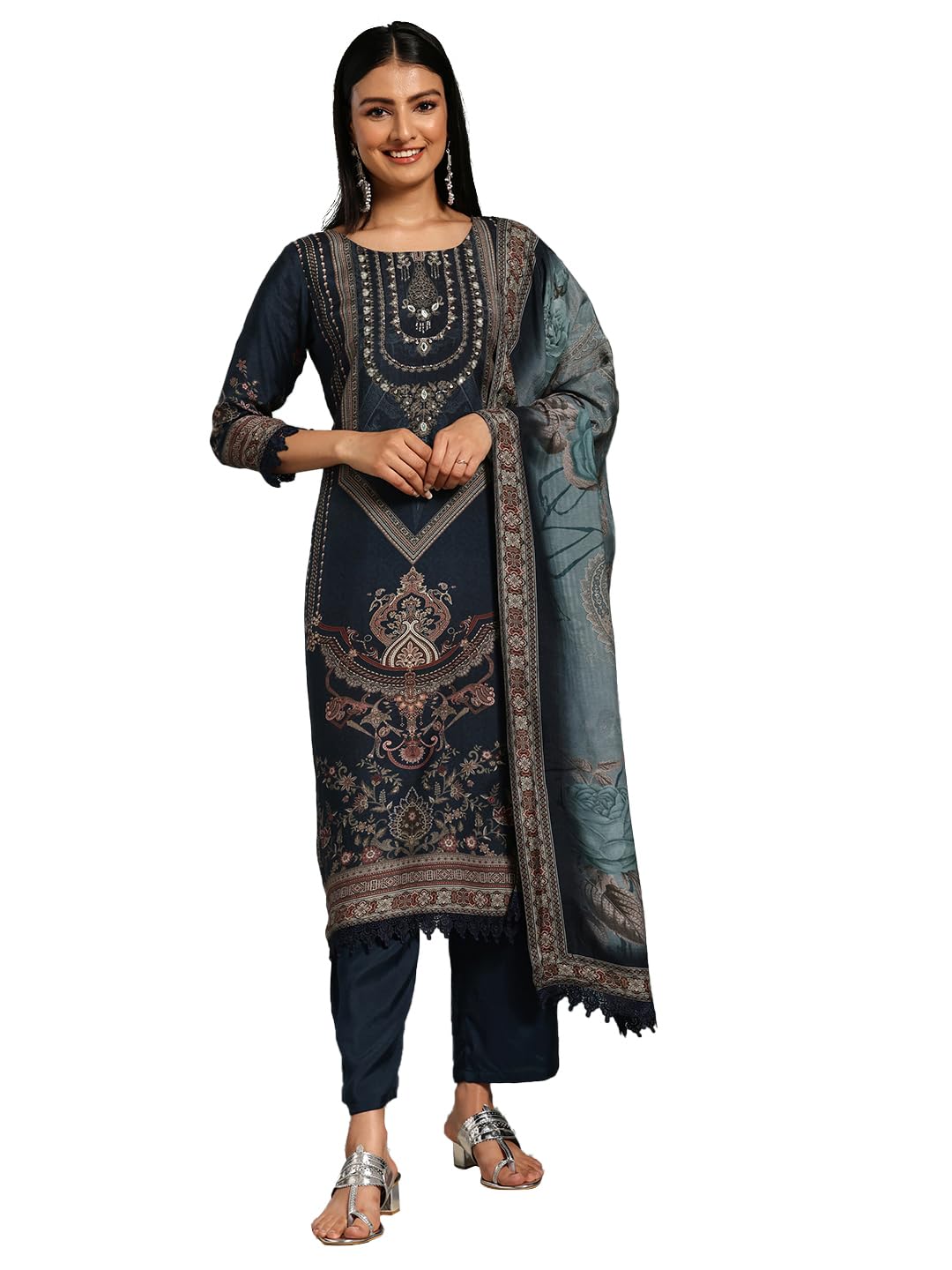 Libas Womens Printed Silk Blend Pakistani Kurta With Palazzos And Dupatta