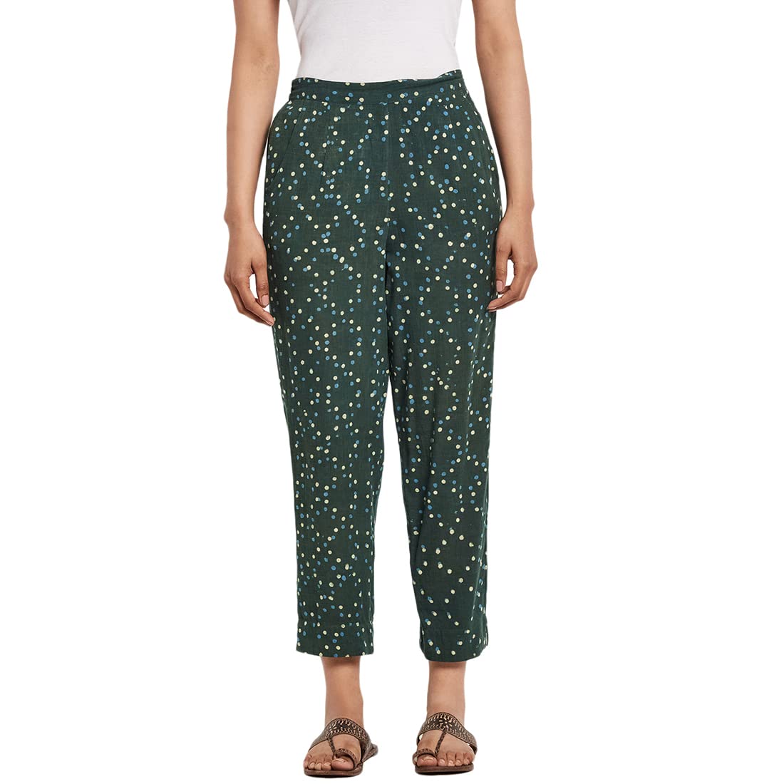 Fabindia Women Dabu Printed Casual Pant Cotton_M Green