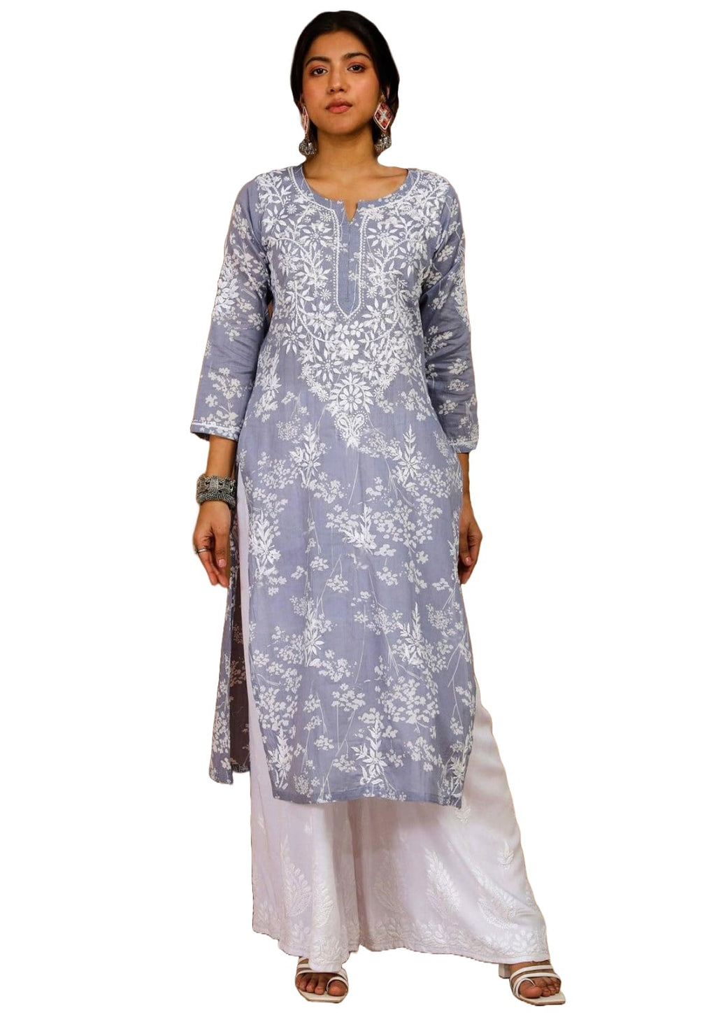 ANNI DESIGNER Womens Cotton Blend Chikankari Embroidered Straight Kurta (Zainab Grey_S_Grey_Small)