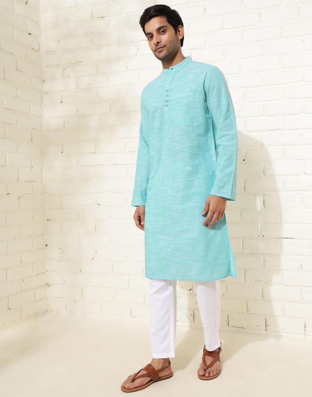 Fabindia MenS Cotton Woven Slim Long Kurta (1038412Teal_Teal