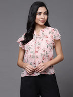 OOMPH! Womens Georgette Printed top with Keyhole Neck and Flutter Sleeve