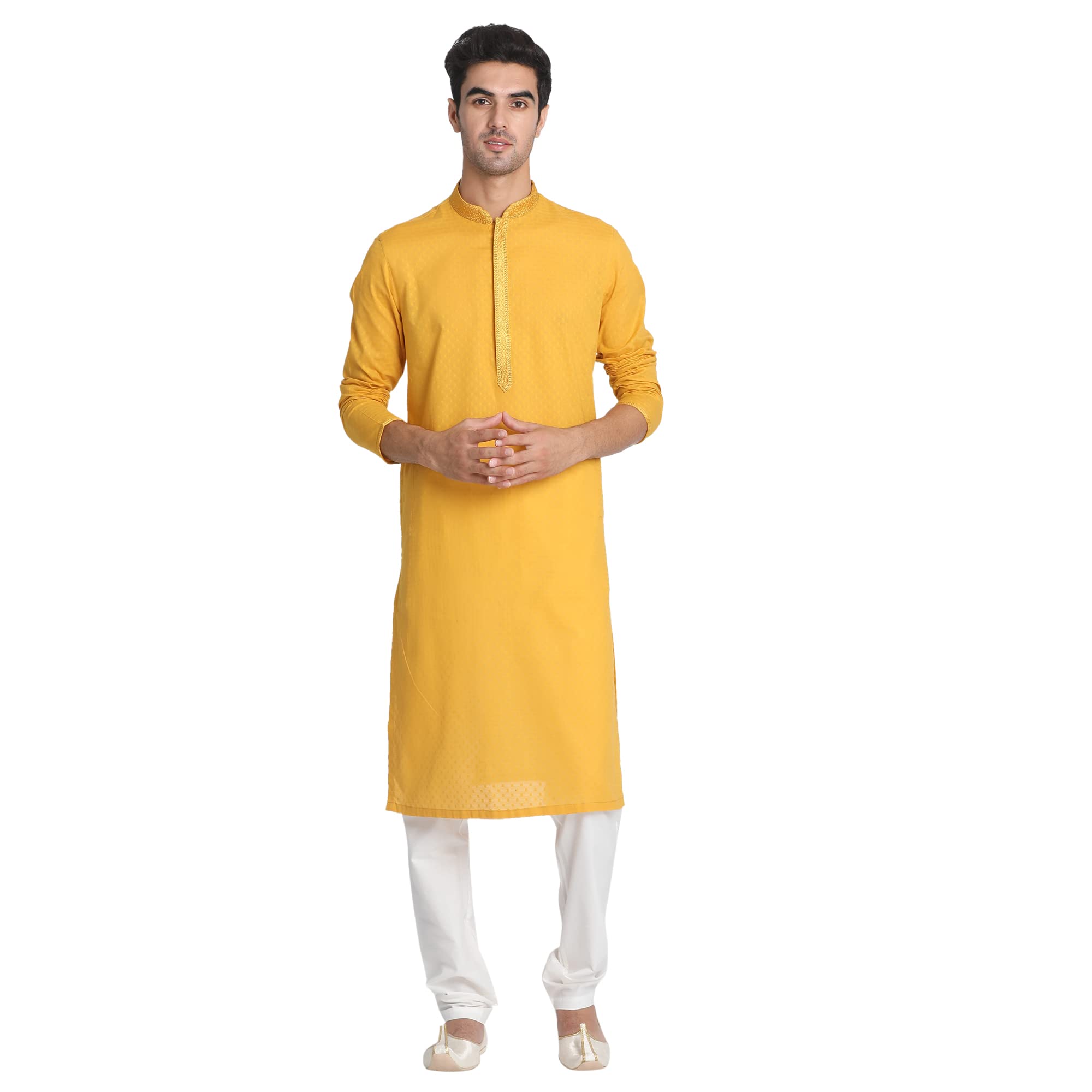 Manyavar Mens Mustard Yellow Self Booti Kurta Set (Mustard,L)