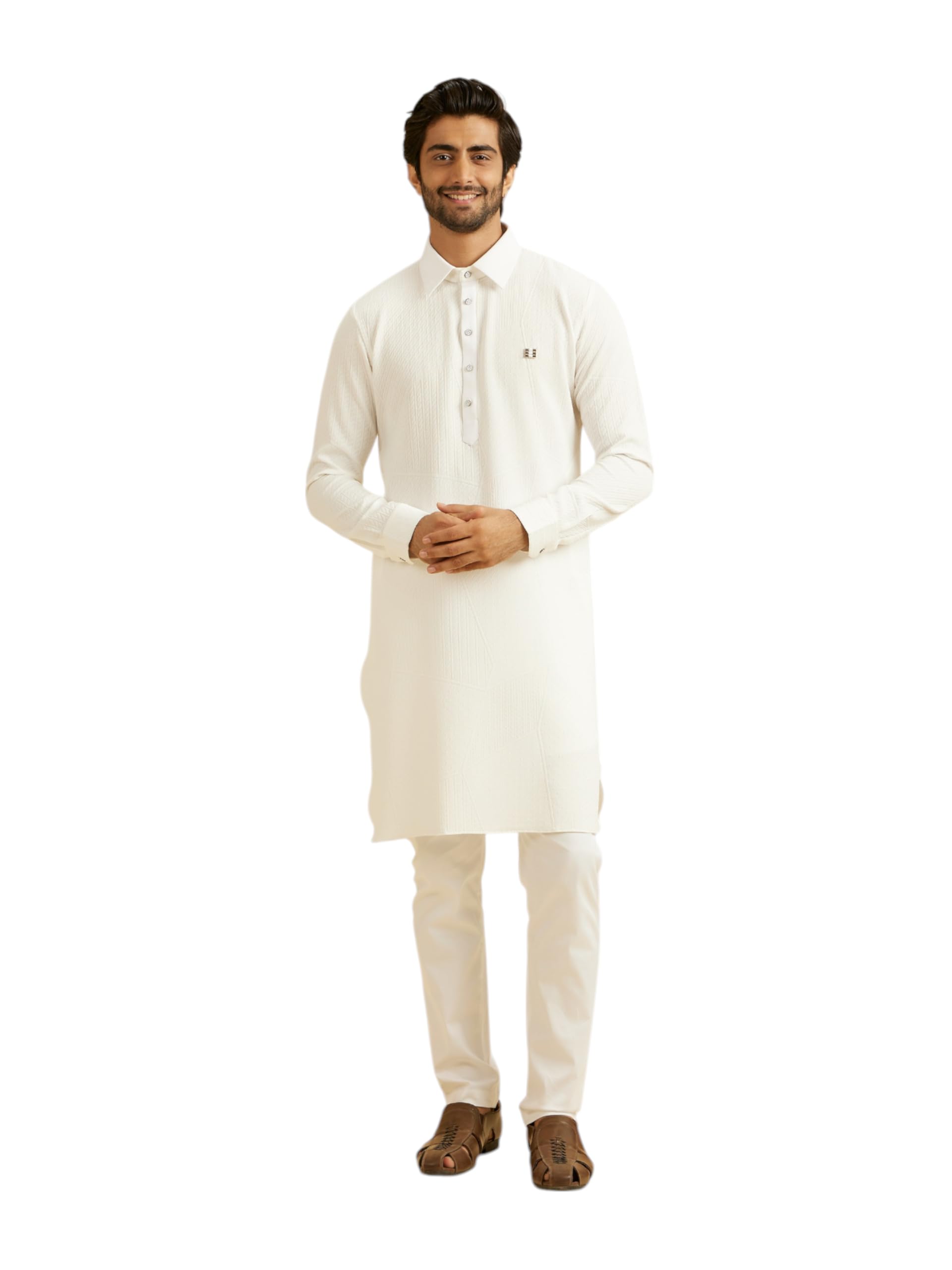 Manyavar Mens Rayon Blend Shirt Collar Solid Long Kurta (White,XXL)