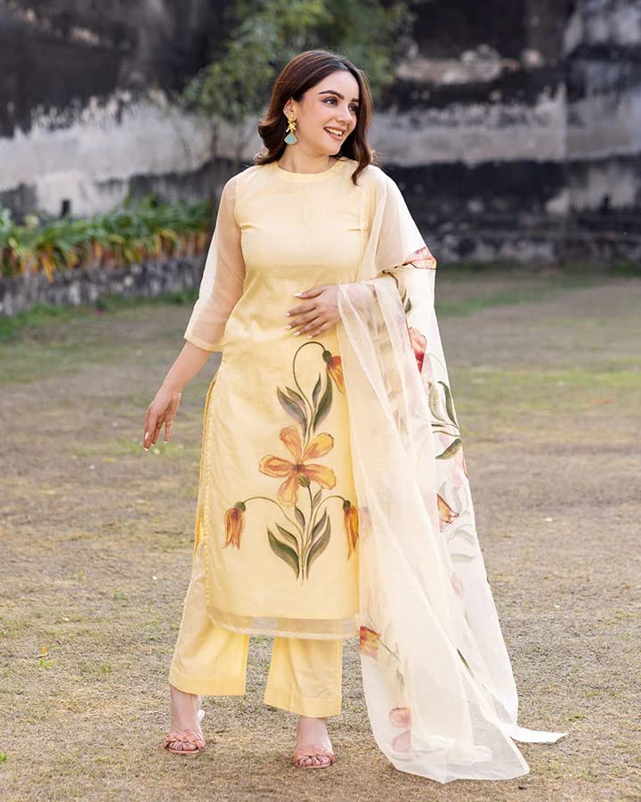 ANNI DESIGNER Womens Chanderi Cotton Straight Printed Kurta with Pant & Dupatta (Falak Cream_XXL_Cream_XX-Large)