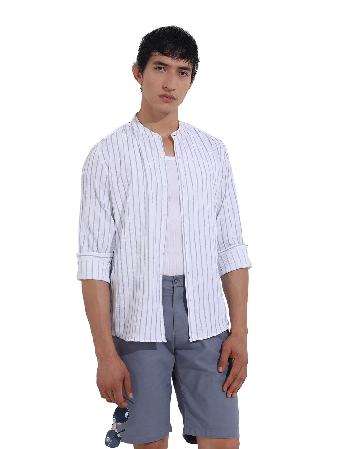 The Indian Garage Co Mens Regular Fit Vertical Striped Mandarin Collar Long Sleeves Sweater