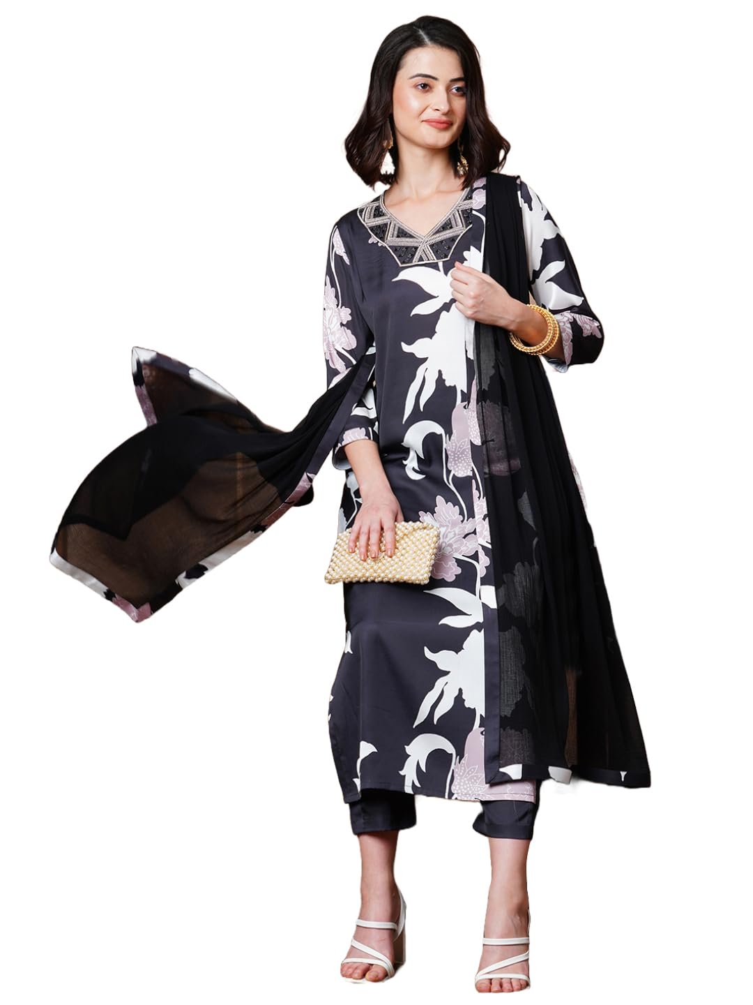 Gosriki Women'S Rayon Blend Straight Printed Kurta With Pant & Dupatta (Kalal Black-Nw-Gs_4Xl_Black_Xxxx-Large)