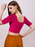 Pujia Mills WomenS Readymade Hosiery Velvet Lycra Stretchable Round Neck Half Sleeve Blouse With Jari Work Fancy Pink Color Lyc