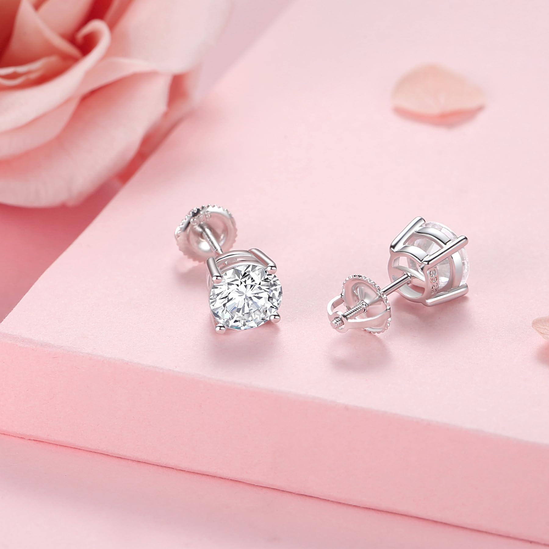 925 Sterling Silver Earrings for Women: Round Cubic Zirconia Screw Back Stud Earrings for Sensitive Ears Hypoallergenic Small Ea