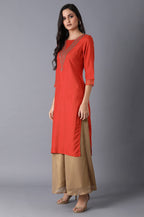 W For Woman Orange Polka Dot Glitter Regular Kurta With Metallic Embroidery