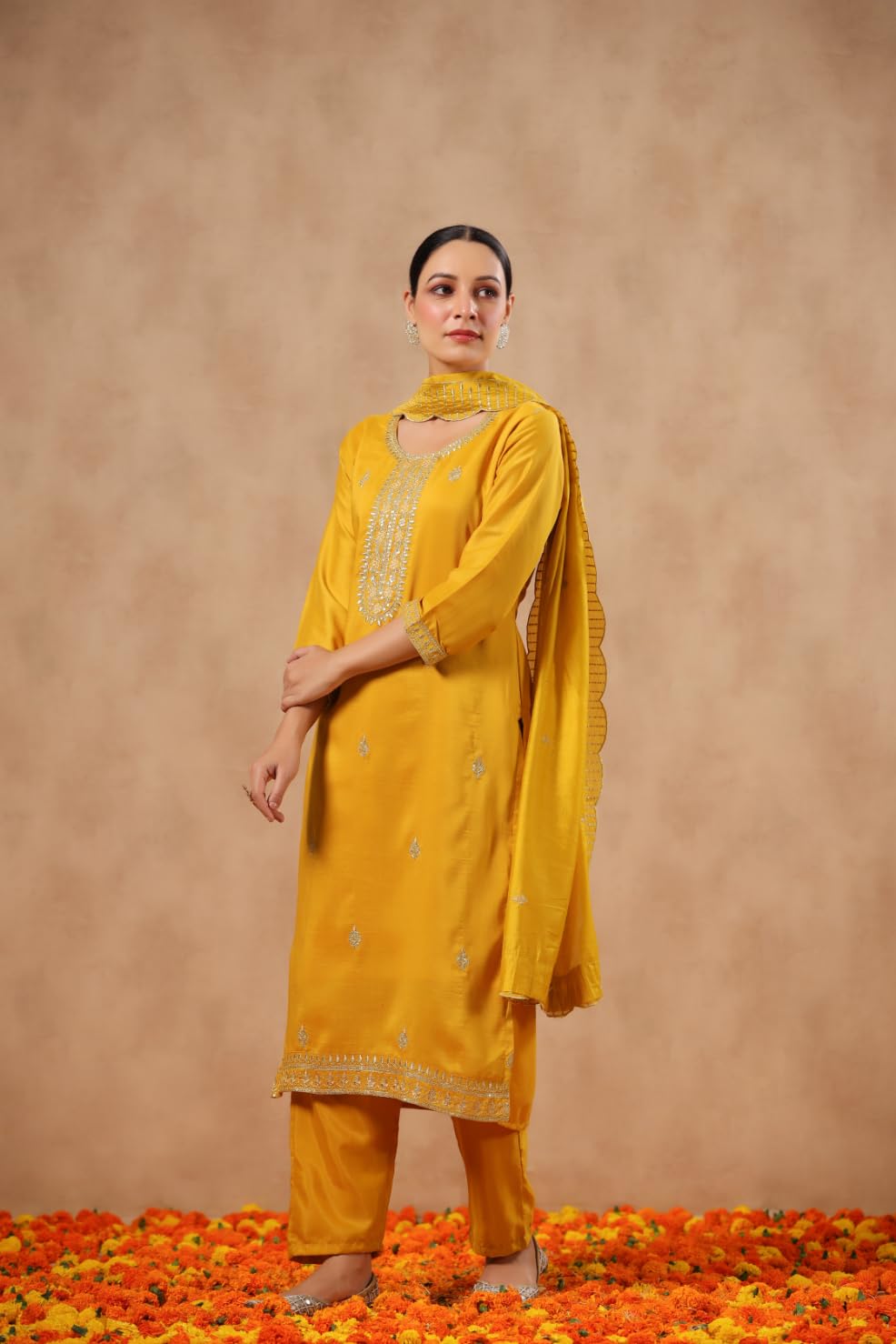 Ishin WomenS Poly Silk Ethnic Motifs Zari Mustard Straight Kurta Suit Set With Trousers And Dupatta