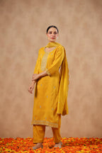 Ishin WomenS Poly Silk Ethnic Motifs Zari Mustard Straight Kurta Suit Set With Trousers And Dupatta