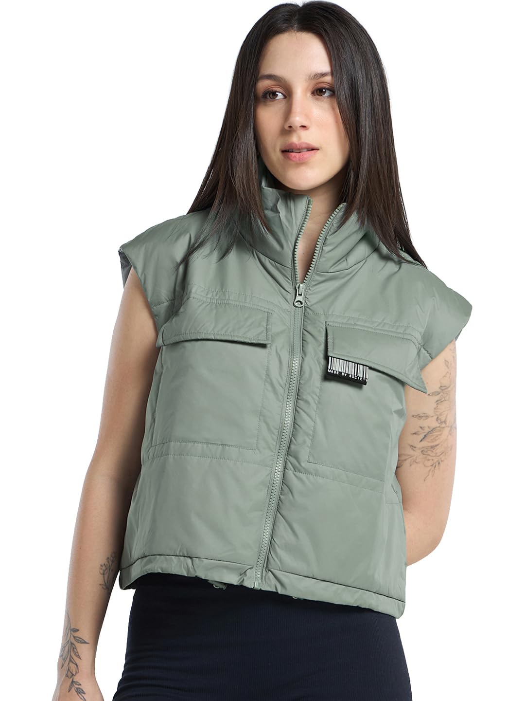 Bewakoof WomenS Solid Oversized Fit Gilet Sleeveless High Neck Nylon Jacket_640989_Green_2Xl