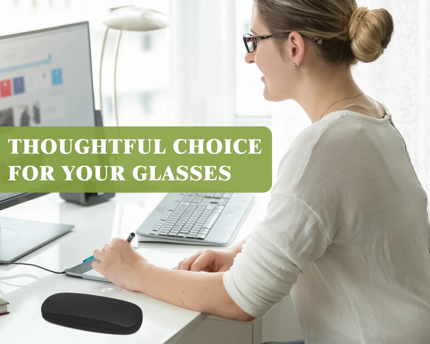 MoKo Hard Shell Eye Glasses Case with Cloth, PU Leather Protective Eyeglasses Cases Storage Organizer Travel for Men Women, Blac