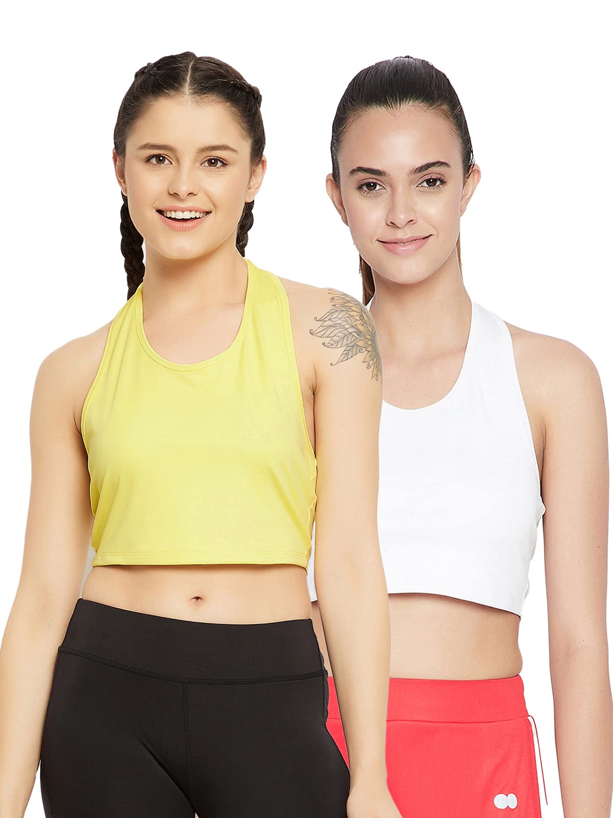 Clovia WomenS Pack Of 2 Padded Active Crop Top With Halter Neck (Combat180_Yellow & White_L)