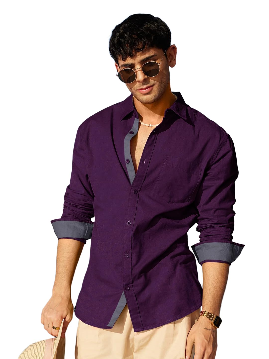 Pinkmint Casual Shirt for Men Stylish Mens Shirt Soild Regular Fit Long Sleeve Formal Wear Purple