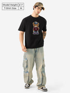 The Souled Store Ted The Stoner: Baby Terry Men and Boys Short Sleeves Round Neck Black Towelling Patch Cotton Oversized T-Shirt