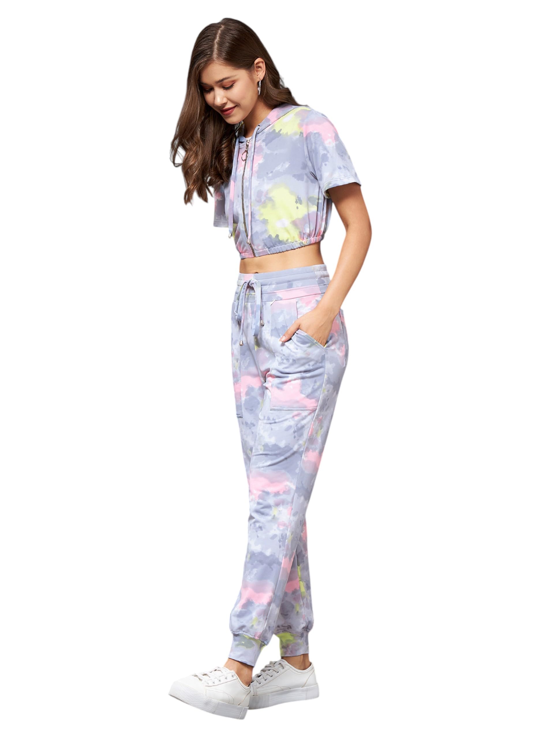 Miss Chase Womens Round Short Tie & Dye Crop Regular Co-ord Set (MCSS25C99-39-175-03, Multicolored Base Grey, S)