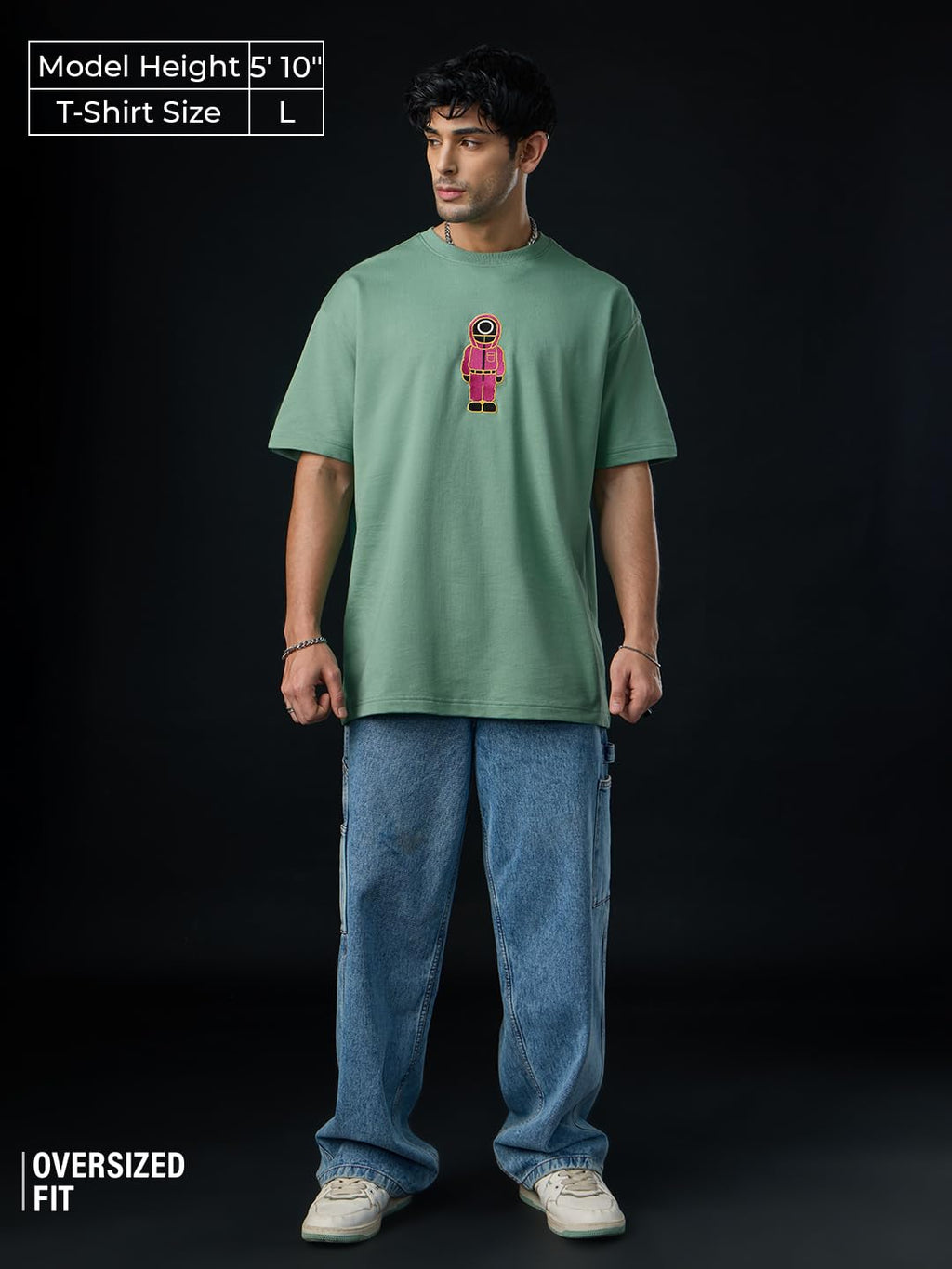 The Souled Store Squid Games: Soldier Men and Boys Short Sleeves Round Neck Green Embroidered Cotton Oversized T-Shirts