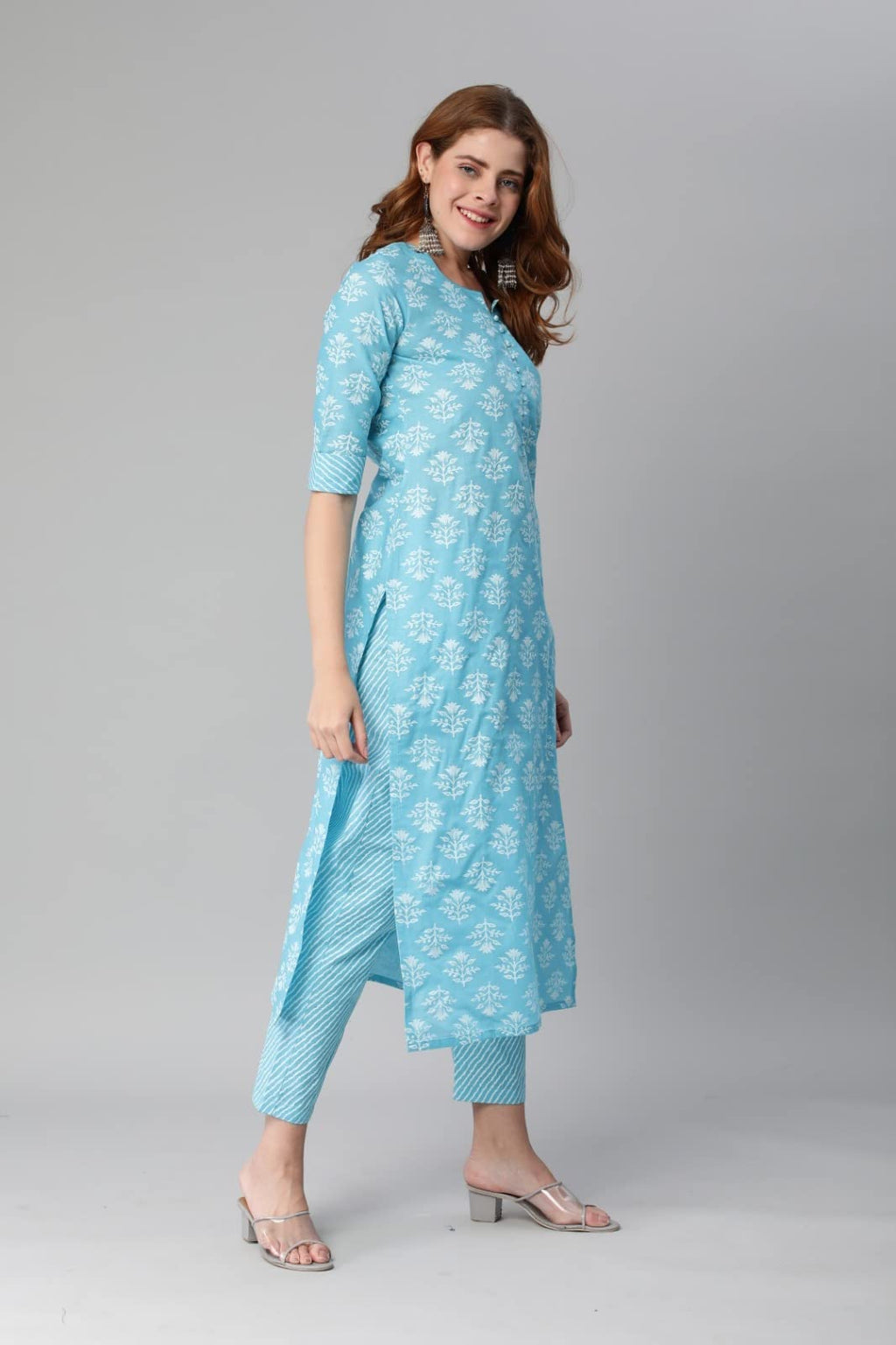 ANNI DESIGNER Womens Cotton Blend Printed Straight Kurta with Pant (Sarva-Stone Blue_L_Dark Blue_Large)