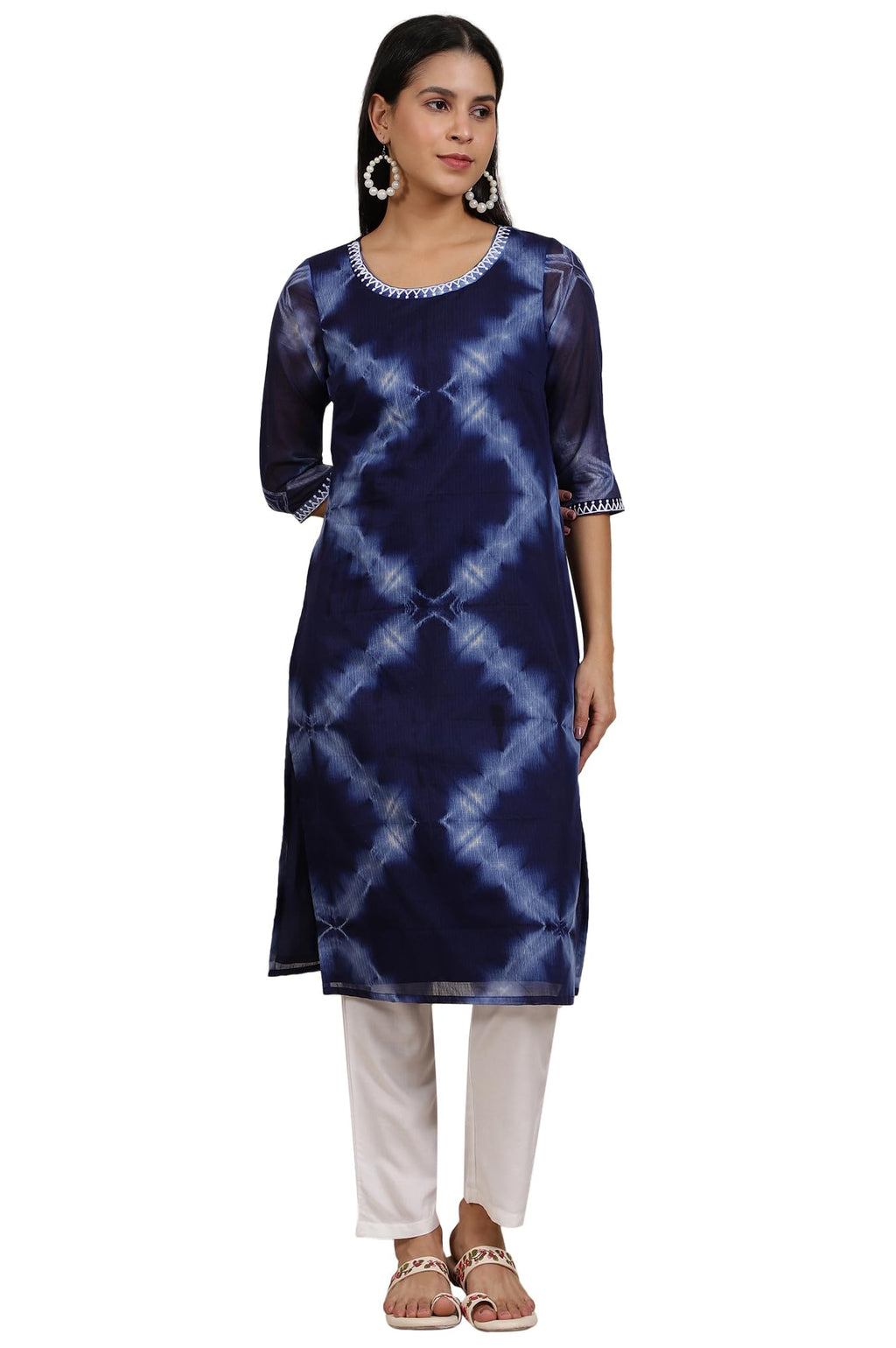 Aurelia Women'S Geometric Printed Thread Work Straight Polyester Kurta (Size: L)-A15625-508801 Blue