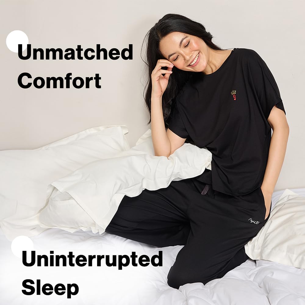 NYKD (NYS932 Soft Modal Cotton Coords Night Suit for Women | Relaxed Fit Round Neck T-Shirt with Extended Shoulder Sleeves & Pyj